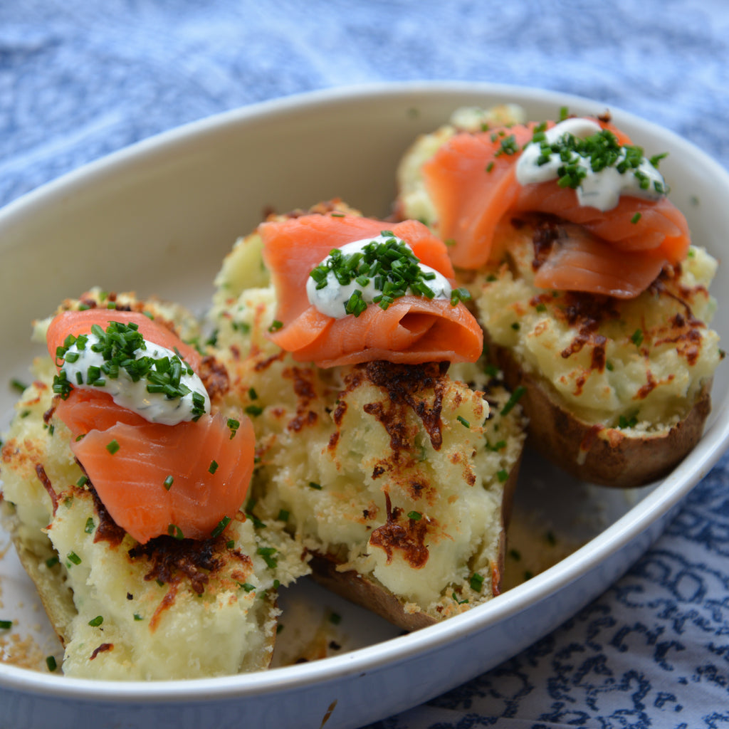 Double Baked Potatoes with Smoked Salmon and Chives