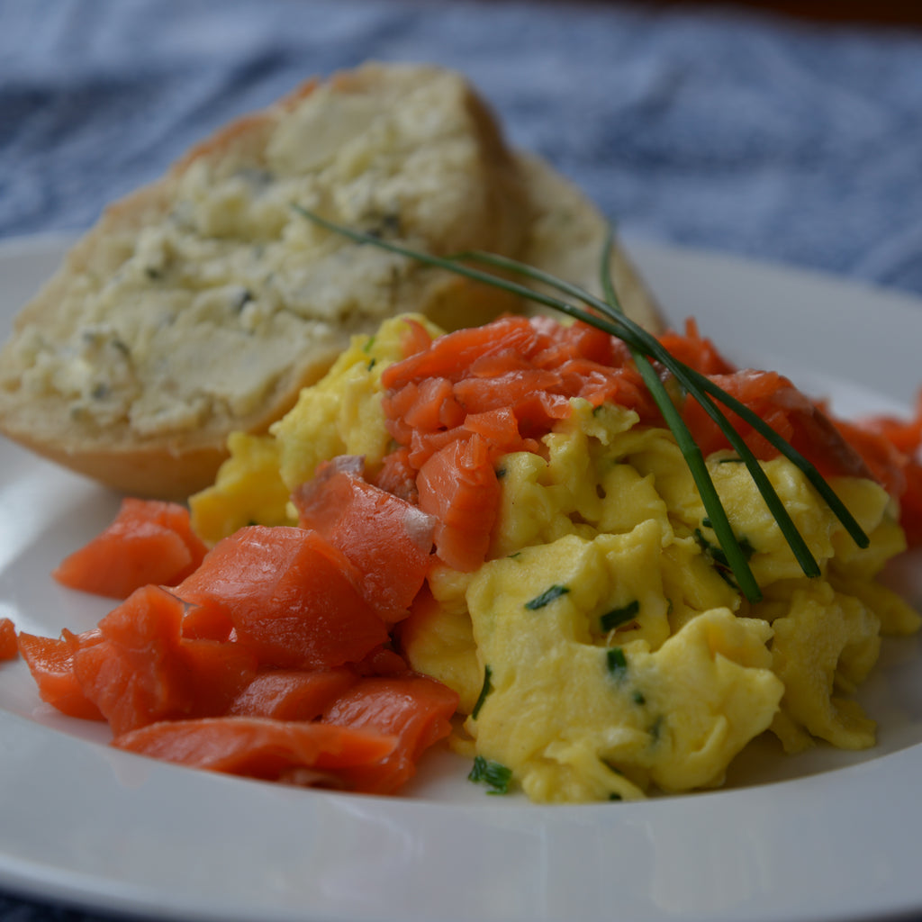 Smoked Salmon on Scrambled Eggs with Boursin Toast